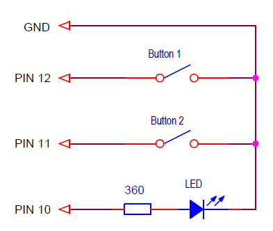 Сonnection diagram of buttons and LED