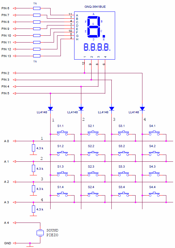 Connection diagram for a matrix of buttons and a 4-digit LED display to Arduino