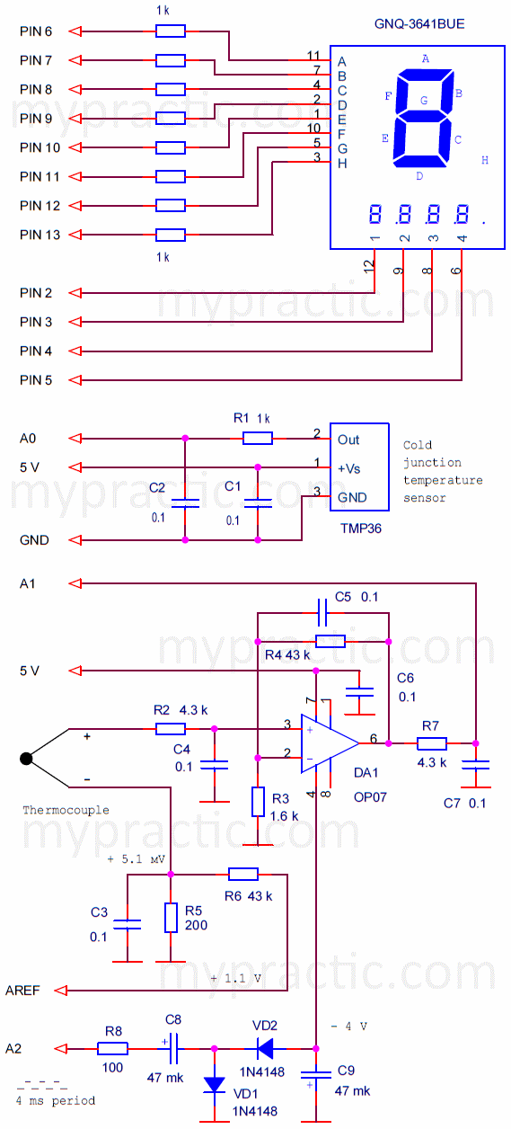 circuit diagram of an Arduino thermometer for a thermocouple